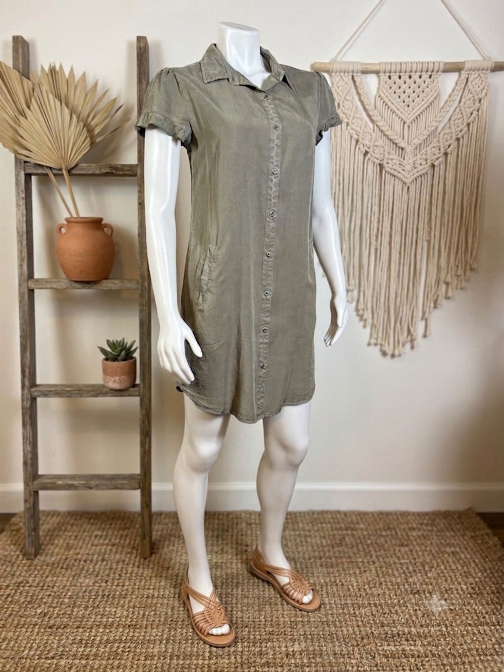 NWT Standard Grace Olive Green Button Down Utility Mini Shirt Dress M